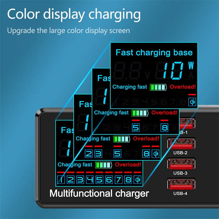 X9 9 合 1 QC 3.0 USB 介面 + 6 USB 埠 + PD 65W 埠 + QI 無線快速充電多功能充電器，帶 LED 顯示，X9