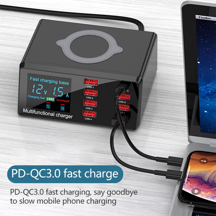 X9 9 合 1 QC 3.0 USB 介面 + 6 USB 埠 + PD 65W 埠 + QI 無線快速充電多功能充電器，帶 LED 顯示，X9