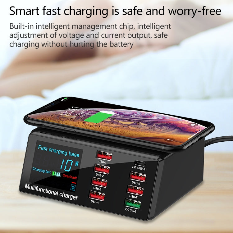 X9 9 合 1 QC 3.0 USB 介面 + 6 USB 埠 + PD 65W 埠 + QI 無線快速充電多功能充電器，帶 LED 顯示，X9