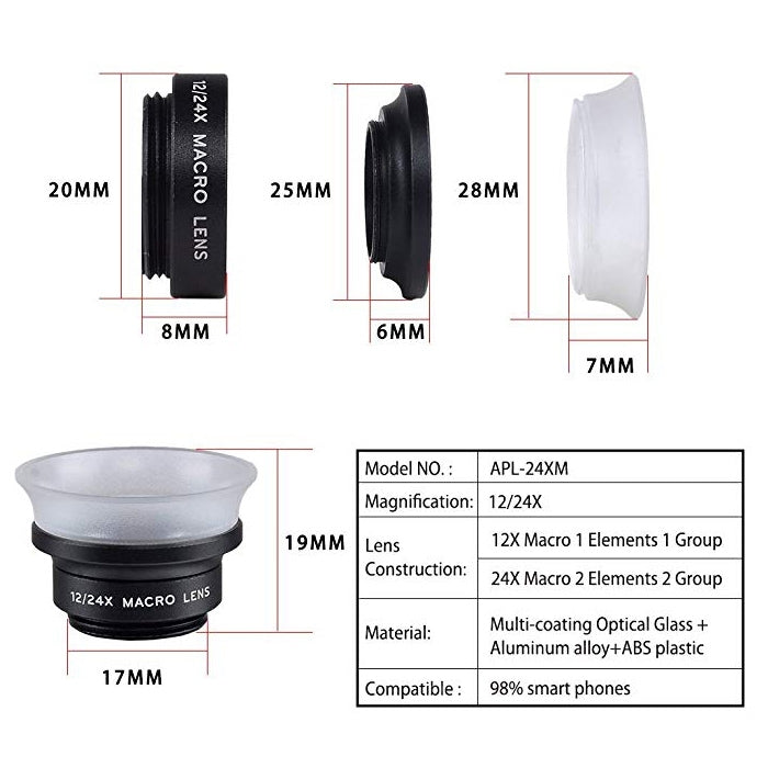 APEXEL APL-24X-H 2合1通用外接12X及24X微距手機鏡頭，附鏡頭遮光罩