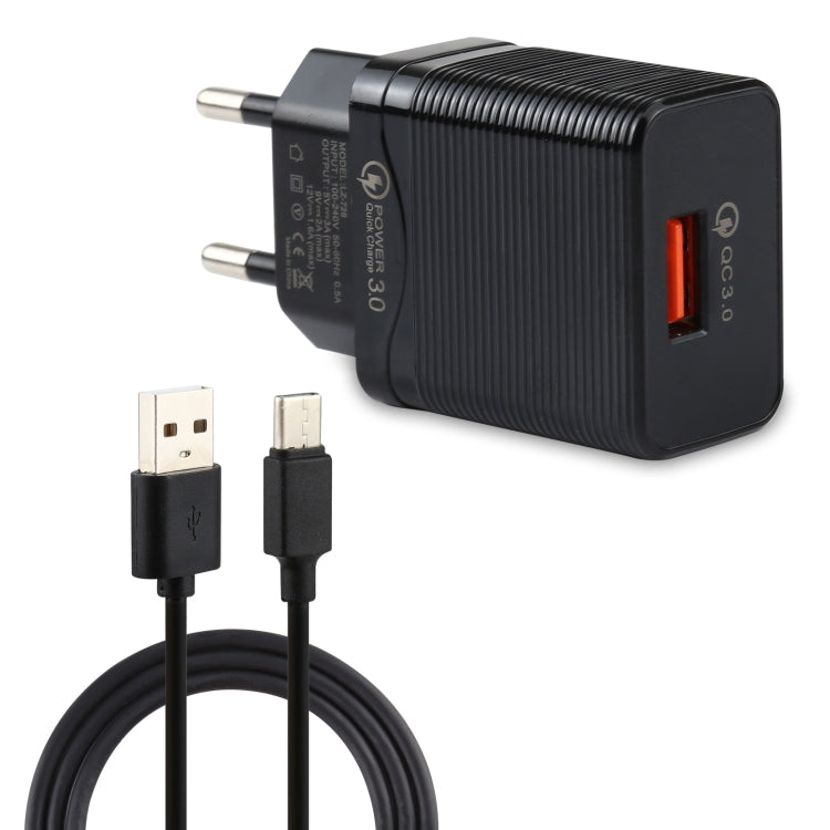 LZ-728 2合1 18W QC 3.0 USB介面旅行充電器 + USB轉USB-C / Type-C數據線套裝，歐洲插頭，線長1米，附USB-C / Type-C線