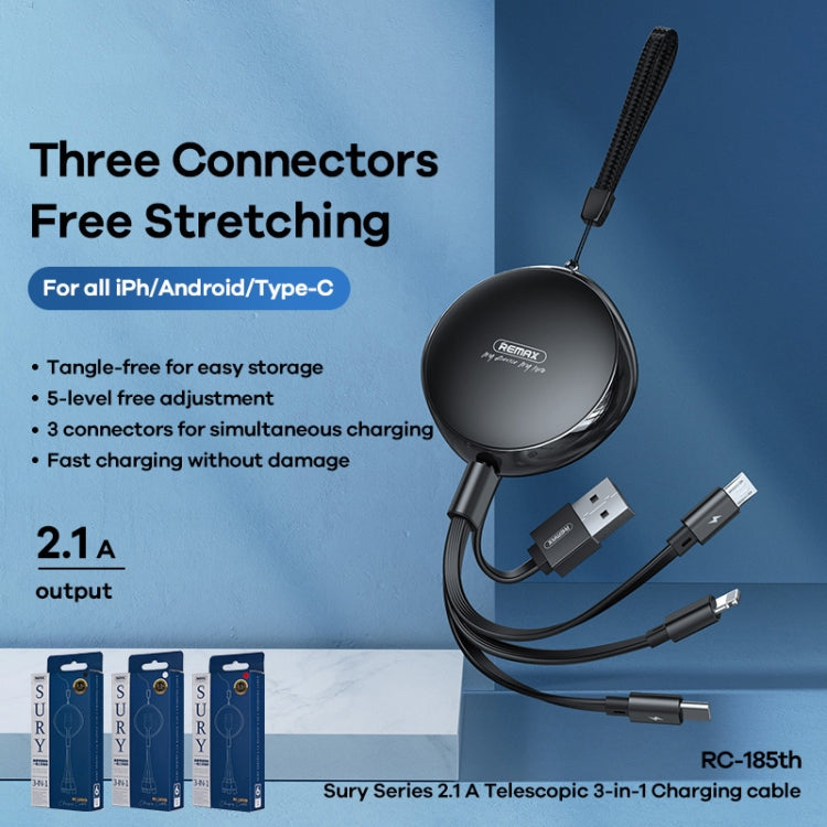 REMAX RC-185th 3 合 1 2.1A USB 轉 8 Pin + USB-C / Type-C + Micro USB Sury 系列伸縮充電數據線