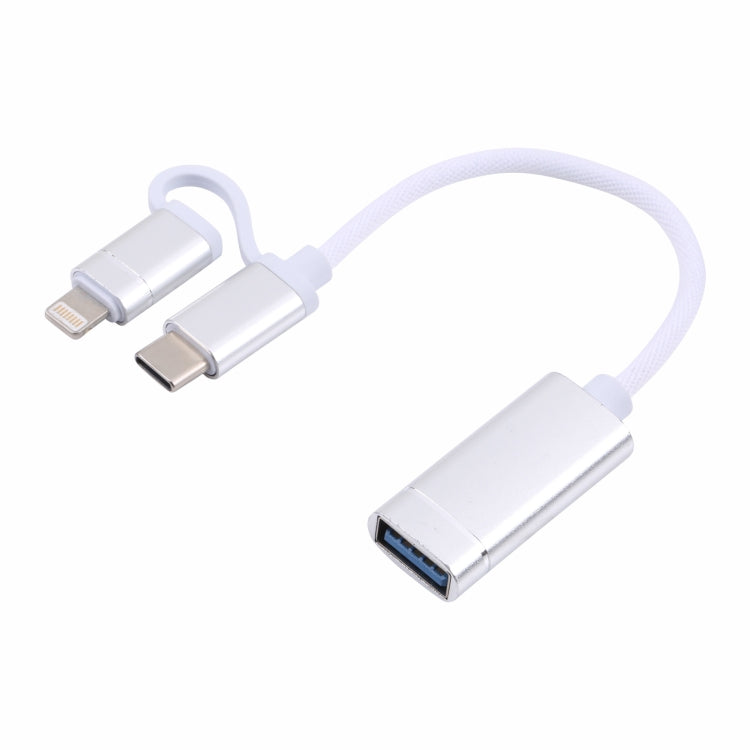 USB 3.0 母頭轉 8 Pin + USB-C / Type-C 公頭充電及傳輸 OTG 尼龍編織轉接線，線長：11cm，8 Pin 銀白、8 Pin 黑、8 Pin 銀、8 Pin 紅、8 Pin 藍