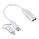 USB 3.0 母頭轉 8 Pin + USB-C / Type-C 公頭充電及傳輸 OTG 尼龍編織轉接線，線長：11cm，8 Pin 銀白、8 Pin 黑、8 Pin 銀、8 Pin 紅、8 Pin 藍