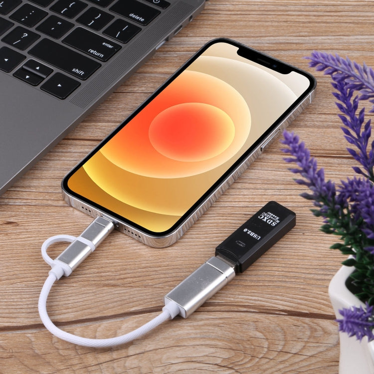 USB 3.0 母頭轉 8 Pin + USB-C / Type-C 公頭充電及傳輸 OTG 尼龍編織轉接線，線長：11cm，8 Pin 銀白、8 Pin 黑、8 Pin 銀、8 Pin 紅、8 Pin 藍