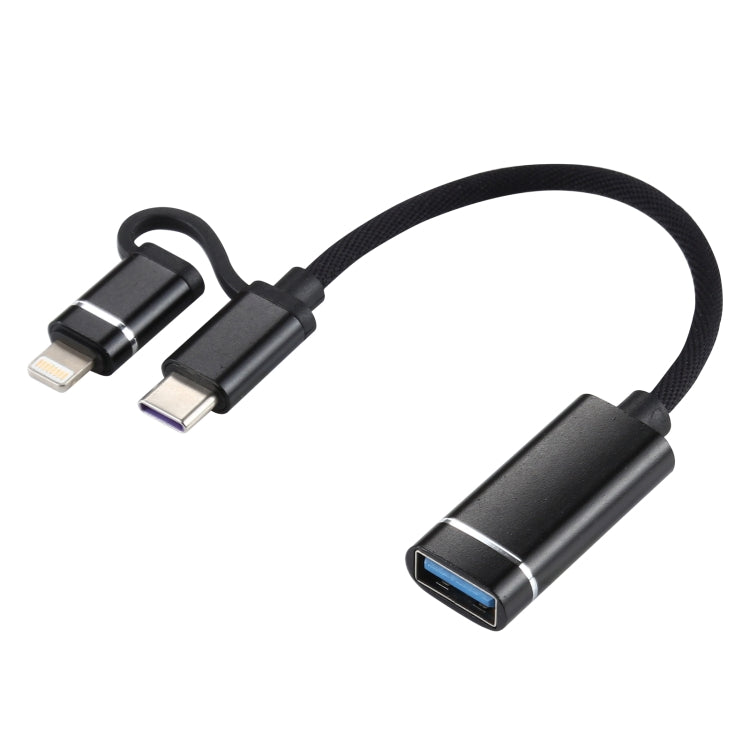 USB 3.0 母頭轉 8 Pin + USB-C / Type-C 公頭充電及傳輸 OTG 尼龍編織轉接線，線長：11cm，8 Pin 銀白、8 Pin 黑、8 Pin 銀、8 Pin 紅、8 Pin 藍