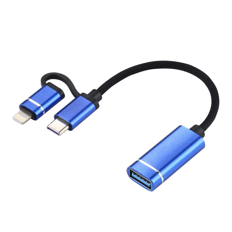 USB 3.0 母頭轉 8 Pin + USB-C / Type-C 公頭充電及傳輸 OTG 尼龍編織轉接線，線長：11cm，8 Pin 銀白、8 Pin 黑、8 Pin 銀、8 Pin 紅、8 Pin 藍