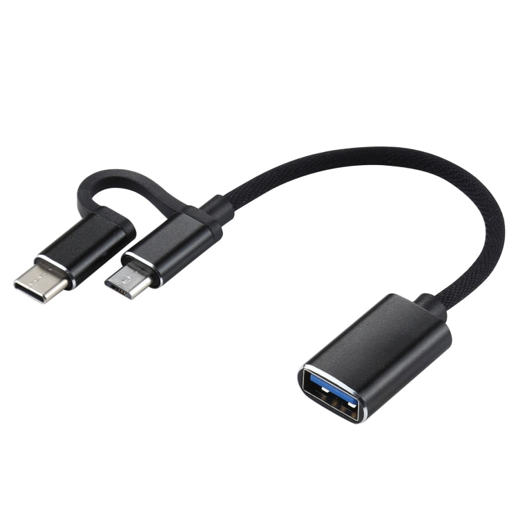 USB 3.0 母頭轉 Micro USB + USB-C / Type-C 公頭充電與傳輸 OTG 尼龍編織轉接線，線長：11cm，Micro USB 黑色、藍色、紅色、銀色、白色