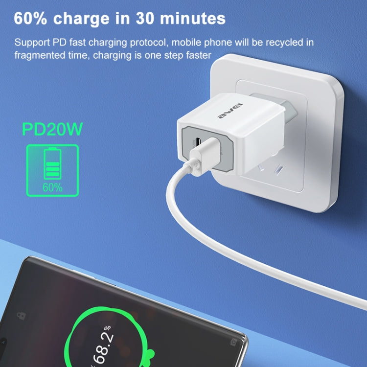 awei PD4 20W PD Type-C + QC 3.0 USB 介面快速充電旅行充電器，附數據線，歐規插頭