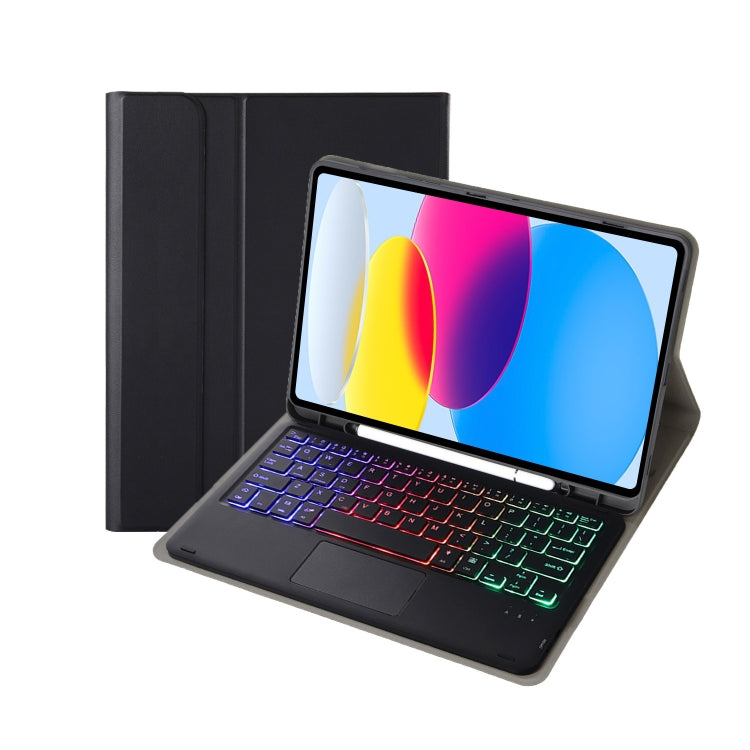 適用於 iPad 11 2025 / 第十代 10.9 2022 A10B-AS 羊皮紋理背光藍牙觸控鍵盤皮革平板保護套，帶筆槽，A10B-AS