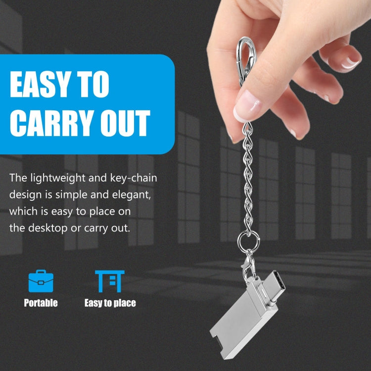 迷你鋁合金 USB 2.0 母頭轉 USB-C / Type-C 公頭連接器轉接器，附鍊條