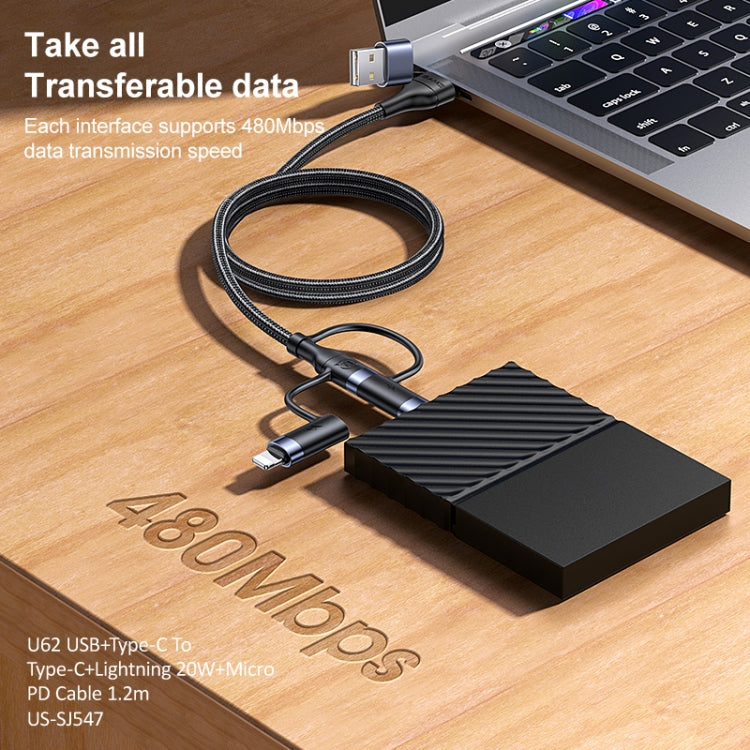 USAMS US-SJ547 U62 USB + Type-C / USB-C 轉 Type-C / USB-C + 8 Pin + Micro 鋁合金 PD 快充數據線，長度：1.2m