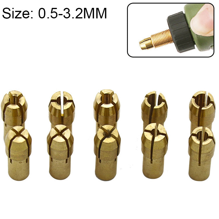 10合1三爪銅夾螺母，適用於電動磨床配件，孔徑：0.5-3.2mm，孔徑：0.5-3.2mm