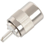 UHF Male PL259 SO239 Twist-on RFC400 RG8 RF Coaxial Card Connector in silver metal finish.