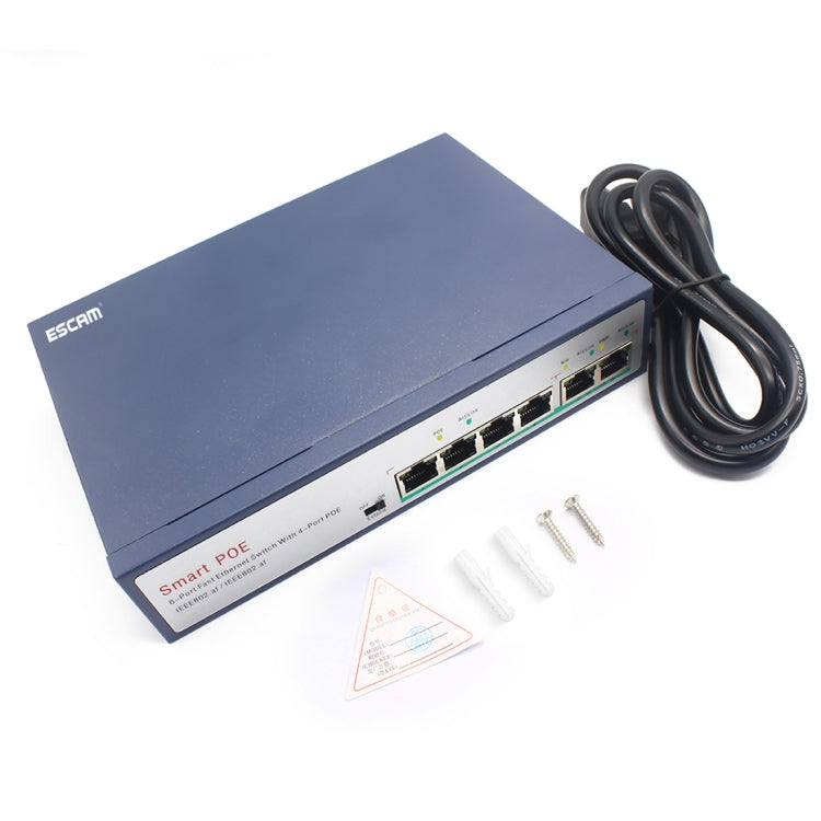 ESCAM POE 4+2 6埠快速以太網交換機 4埠POE 10/100M 120W網路交換機，傳輸距離：150米，6埠