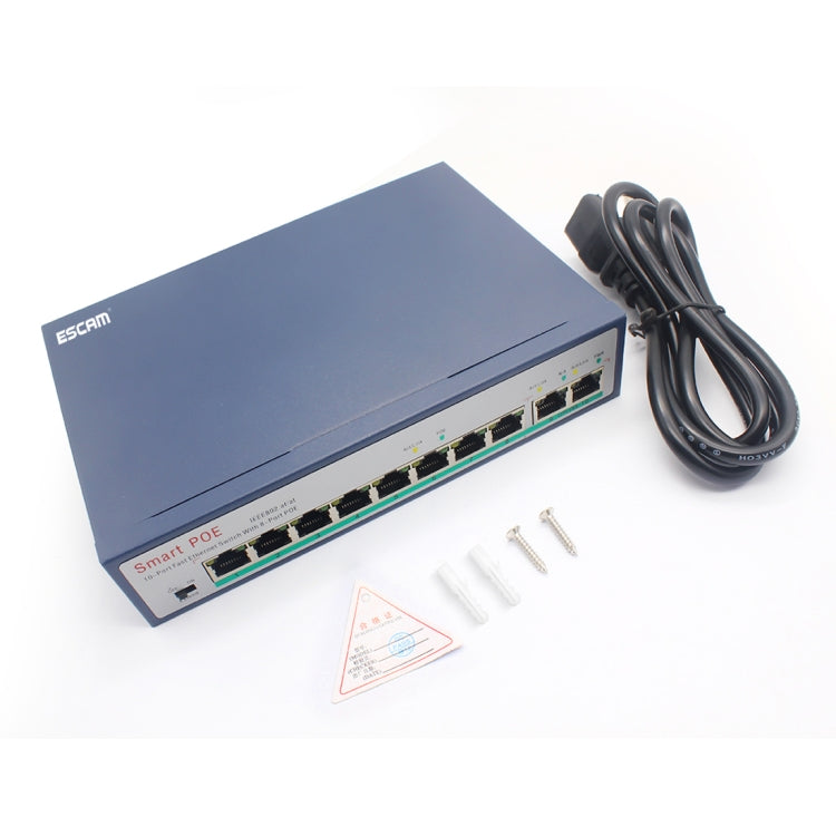 ESCAM POE 8+2 10埠快速乙太網路交換器 8埠POE 10/100M 120W網路交換器，傳輸距離：150m，10埠