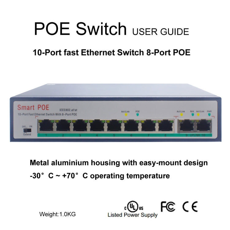 ESCAM POE 8+2 10埠快速乙太網路交換器 8埠POE 10/100M 120W網路交換器，傳輸距離：150m，10埠