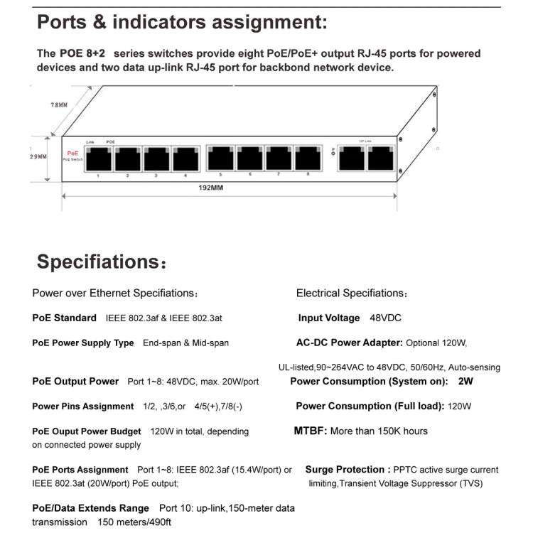 ESCAM POE 8+2 10埠快速乙太網路交換器 8埠POE 10/100M 120W網路交換器，傳輸距離：150m，10埠