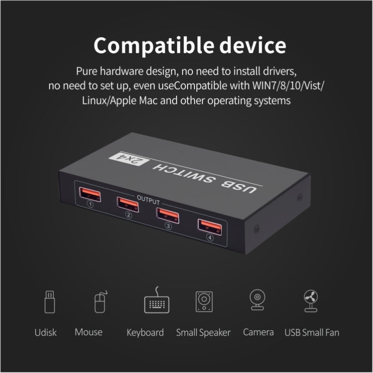 2x4 USB 切換器 2 埠電腦共享 4 台設備用於印表機鍵盤滑鼠顯示器，2x4 USB 切換器