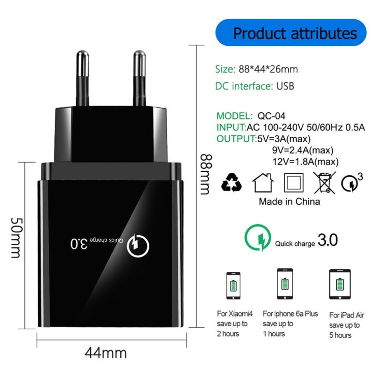 30W QC 3.0 USB + 3 USB 2.0 埠手機平板電腦通用快充旅行充電器，歐盟插頭，歐盟插頭