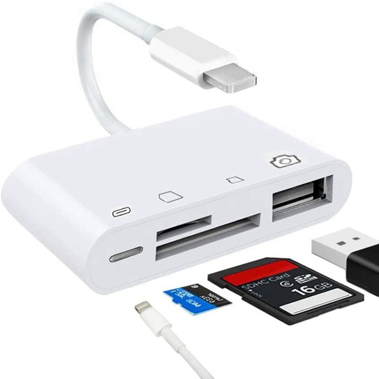 ZS-S1827 四合一 SD 卡 + TF 卡 + 8 Pin 充電 + USB 介面轉 8 Pin 介面攝影機讀卡器轉接器，支援所有 iOS 系統