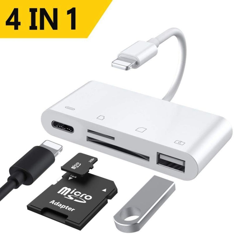ZS-S1827 四合一 SD 卡 + TF 卡 + 8 Pin 充電 + USB 介面轉 8 Pin 介面攝影機讀卡器轉接器，支援所有 iOS 系統