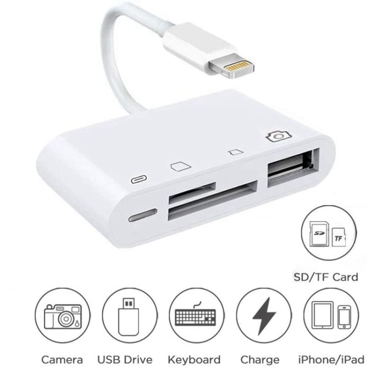 ZS-S1827 四合一 SD 卡 + TF 卡 + 8 Pin 充電 + USB 介面轉 8 Pin 介面攝影機讀卡器轉接器，支援所有 iOS 系統