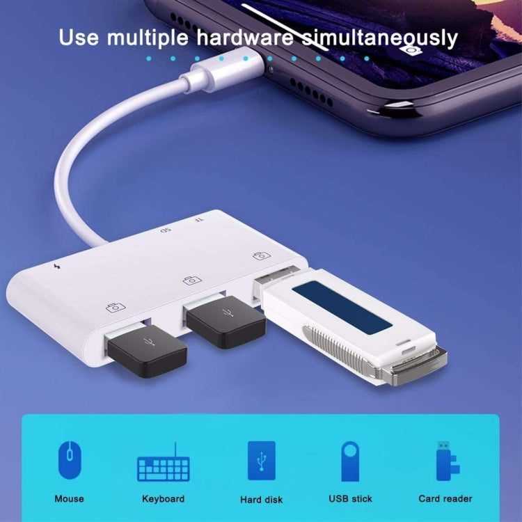 ZS-S1852 6合1 三USB母頭轉8針公頭 OTG 相機讀卡器轉接器，支援 SD & TF 卡及8針充電介面，兼容所有 iOS 系統