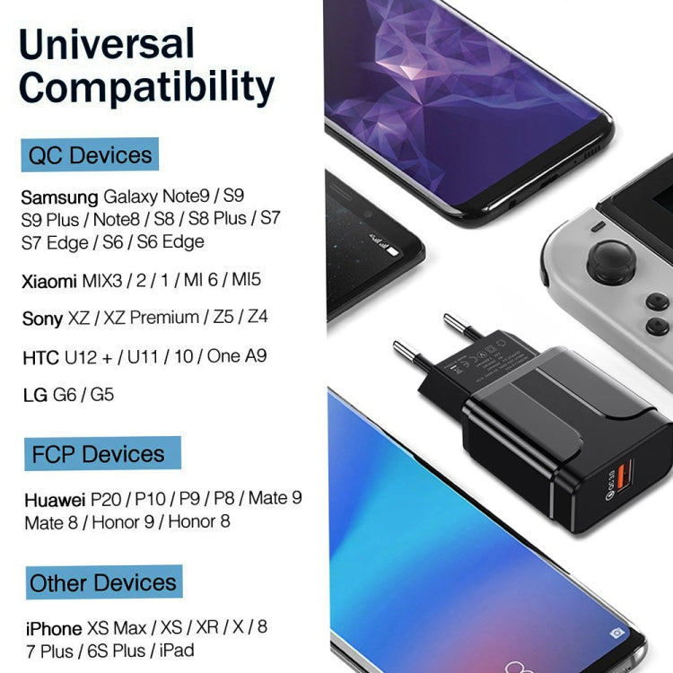 便攜式 QC3.0 18W USB 埠通用快速充電器，歐規插頭，歐規插頭