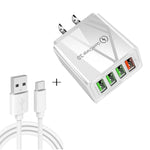 2 合 1 USB 對 USB-C / Type-C 數據線 + 30W QC 3.0 4 USB 介面手機平板電腦通用快充旅行充電器組，美國插頭，USB-C / Type-C 組美國插頭
