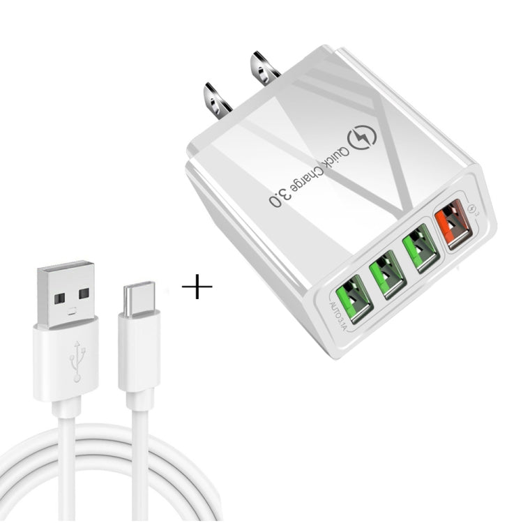 2 合 1 USB 對 USB-C / Type-C 數據線 + 30W QC 3.0 4 USB 介面手機平板電腦通用快充旅行充電器組，美國插頭，USB-C / Type-C 組美國插頭