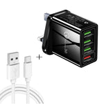 2 合 1 1米 USB 轉 USB-C / Type-C 數據線 + 30W QC 3.0 四 USB 介面手機平板電腦通用快速充電器旅行充電組，英規插頭，USB-C / Type-C 組合 英規插頭
