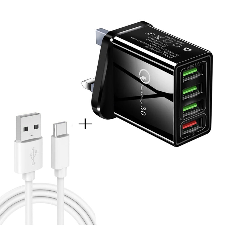 2 合 1 1米 USB 轉 USB-C / Type-C 數據線 + 30W QC 3.0 四 USB 介面手機平板電腦通用快速充電器旅行充電組，英規插頭，USB-C / Type-C 組合 英規插頭
