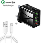 2 合 1 1米 USB 轉 USB-C / Type-C 數據線 + 30W QC 3.0 四 USB 介面手機平板電腦通用快速充電器旅行充電組，英規插頭，USB-C / Type-C 組合 英規插頭
