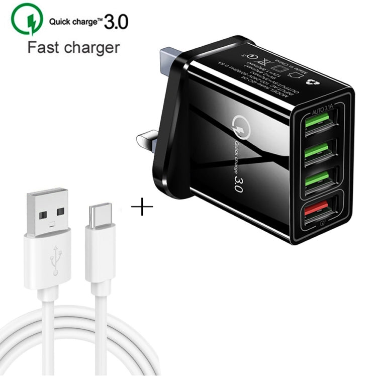 2 合 1 1米 USB 轉 USB-C / Type-C 數據線 + 30W QC 3.0 四 USB 介面手機平板電腦通用快速充電器旅行充電組，英規插頭，USB-C / Type-C 組合 英規插頭