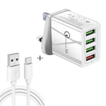 2 合 1 1米 USB 轉 USB-C / Type-C 數據線 + 30W QC 3.0 四 USB 介面手機平板電腦通用快速充電器旅行充電組，英規插頭，USB-C / Type-C 組合 英規插頭