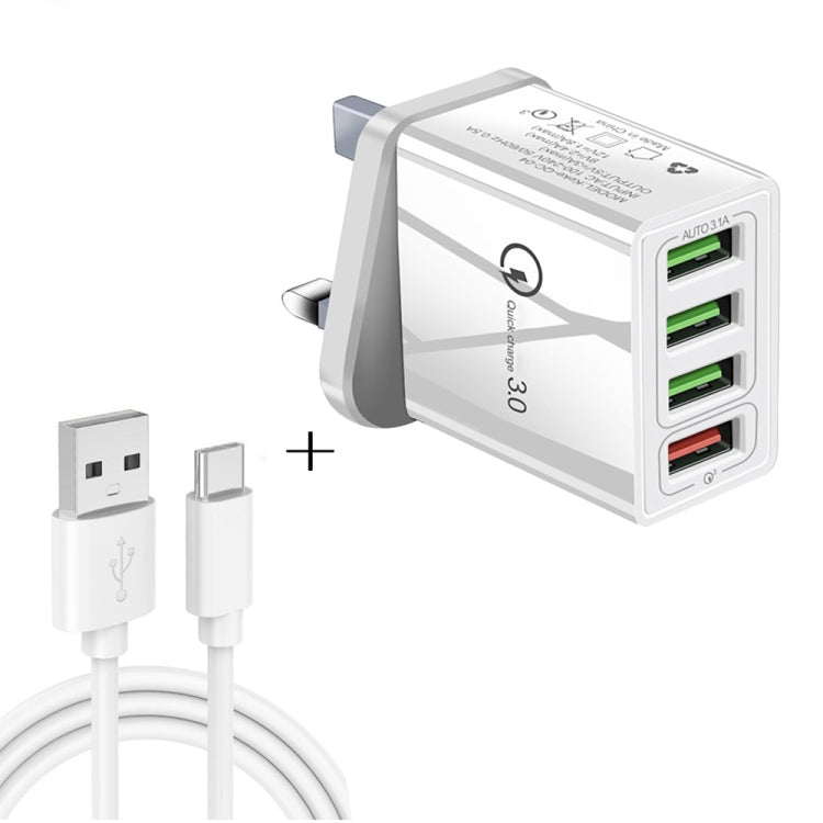 2 合 1 1米 USB 轉 USB-C / Type-C 數據線 + 30W QC 3.0 四 USB 介面手機平板電腦通用快速充電器旅行充電組，英規插頭，USB-C / Type-C 組合 英規插頭