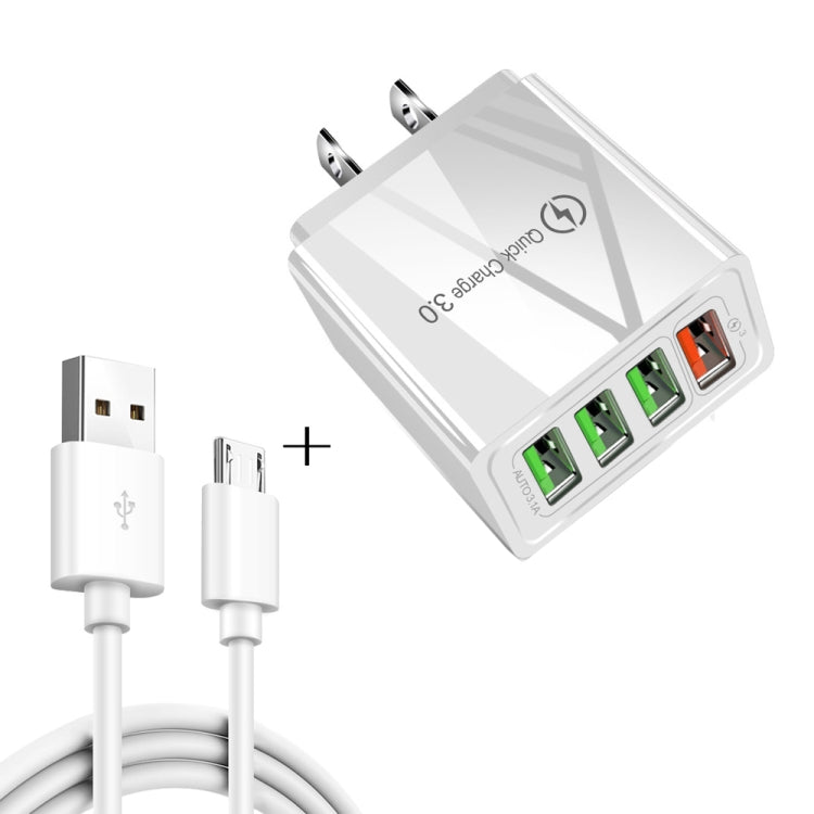 2 合 1 1米 USB 轉 Micro USB 數據線 + 30W QC 3.0 四 USB 介面手機平板電腦通用快速充電器旅行充電組，美規插頭，Micro USB 組合 美規插頭