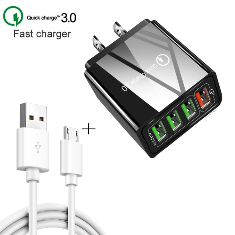 2 合 1 1米 USB 轉 Micro USB 數據線 + 30W QC 3.0 四 USB 介面手機平板電腦通用快速充電器旅行充電組，美規插頭，Micro USB 組合 美規插頭