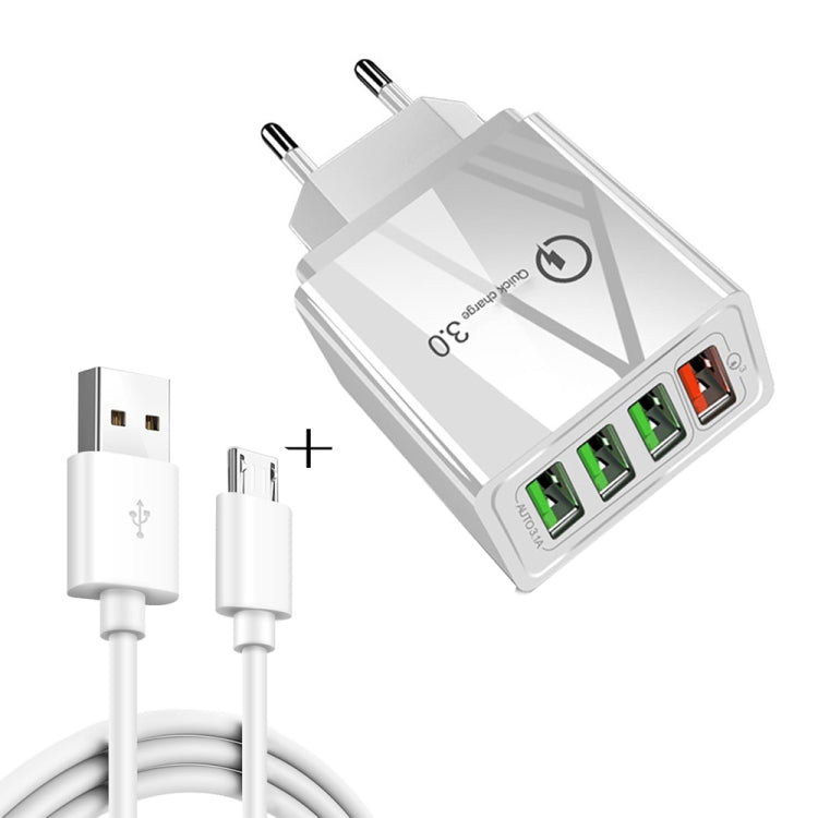 2 合 1 1米 USB 轉 Micro USB 數據線 + 30W QC 3.0 四 USB 介面手機平板電腦通用快速充電器旅行充電組，歐規插頭，Micro USB 組合 歐規插頭