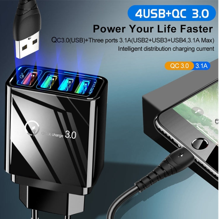 2 合 1 1米 USB 轉 Micro USB 數據線 + 30W QC 3.0 四 USB 介面手機平板電腦通用快速充電器旅行充電組，歐規插頭，Micro USB 組合 歐規插頭