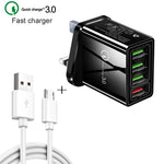2 合 1 1米 USB 轉 Micro USB 數據線 + 30W QC 3.0 四 USB 介面手機平板電腦通用快速充電器旅行充電組，英規插頭，Micro USB 組合 英規插頭