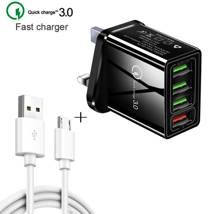 2 合 1 1米 USB 轉 Micro USB 數據線 + 30W QC 3.0 四 USB 介面手機平板電腦通用快速充電器旅行充電組，英規插頭，Micro USB 組合 英規插頭