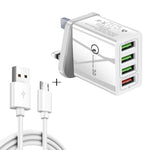 2 合 1 1米 USB 轉 Micro USB 數據線 + 30W QC 3.0 四 USB 介面手機平板電腦通用快速充電器旅行充電組，英規插頭，Micro USB 組合 英規插頭