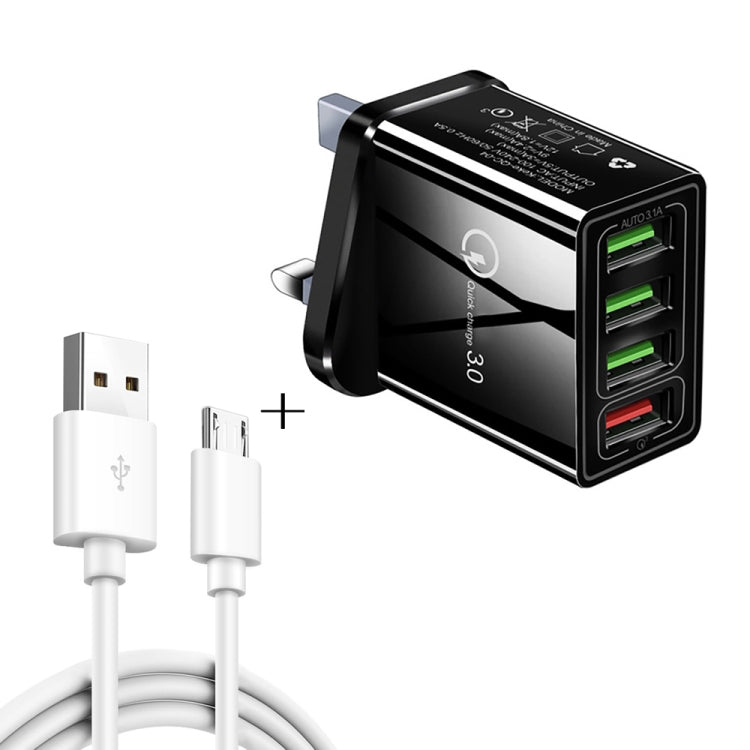 2 合 1 1米 USB 轉 Micro USB 數據線 + 30W QC 3.0 四 USB 介面手機平板電腦通用快速充電器旅行充電組，英規插頭，Micro USB 組合 英規插頭