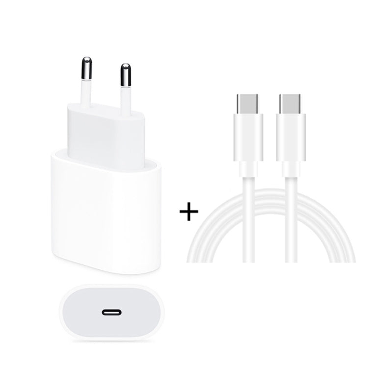 2 合 1 PD 20W 單 USB-C / Type-C 埠旅行充電器 + 3A PD3.0 USB-C / Type-C 轉 USB-C / Type-C 快充數據線組，線長：1m，歐規插頭，20W 1m