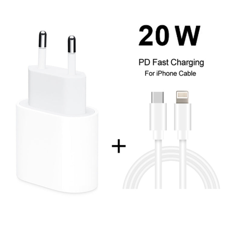 2 合 1 PD 20W 單 USB-C / Type-C 埠旅行充電器 + 3A PD3.0 USB-C / Type-C 轉 8 針快充數據線組，線長：2m，歐規插頭，20W 2m