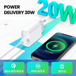 2 合 1 PD 20W 單 USB-C / Type-C 埠旅行充電器 + 3A PD3.0 USB-C / Type-C 轉 8 針快充數據線組，線長：2m，歐規插頭，20W 2m