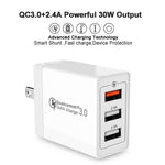 SDC-30W 30W QC 3.0 USB + 2.4A 雙 USB 2.0 埠手機平板電腦通用快速充電器旅行充電器，美式插頭