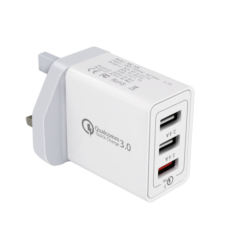 SDC-30W 30W QC 3.0 USB + 2.4A 雙 USB 2.0 埠手機平板電腦通用快速充電器旅行充電器，英規插頭